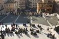 Italy, Rome - December 10, 2018. Crowd of people sitting on city stairs at square of Spain back behind top view. Concept