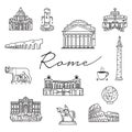 Italy Rome hand drawn doodle icons. travel architecture. Fountains, cathedrals. Italian symbols outline drawing clipart