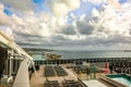 Panoramic view of port of Civitavecchia from MSC WORLD EUROPA cruise ship. Mediterranean coastline