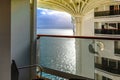 Panoramic view of port of Civitavecchia from MSC WORLD EUROPA cruise ship. Mediterranean coastline