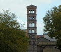 Italy, Rome, Ponte Palatino, view of the Basilica di San Bartolomeo all\'Isola bell tower