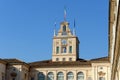 Italy, Rome, Quirinal palace balcony and flags at main building front.