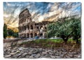 Italy, Rome - Sunset behind the Colosseum, the most famous Roman landmark sightseeing