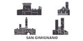 Italy, San Gimignano flat travel skyline set. Italy, San Gimignano black city vector illustration, symbol, travel sights