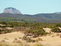 Italy, Sardinia, Piscinas view of sandy dunes and vegetation, in the background rocky mountains