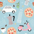 Italy seamless pattern. Background with fiat 500, vespa scooter, pizza and coffee.