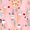 Italy seamless pattern. Background with ice cream, wine, pizza and coffee.