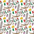 Italy seamless pattern with flag and culture elements. Vector doodle travel background. Handwriting Italia lettering in italian la