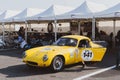 60s cars racing Lotus Elite with people in circuit paddock