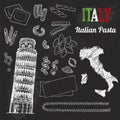 Italy set. Food collection of hand drawn italian flag, map, pasta, Tower of Pisa, Italia lettering set
