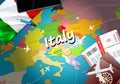 Italy travel concept map background with planes, tickets. Visit Italy travel and tourism destination concept. Italy flag on map. Royalty Free Stock Photo