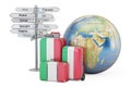 Italy travel concept. Suitcases with Italian flag, signpost