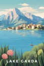 Italy travel poster with Lake Garda spectacular view