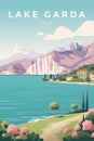 Italy travel poster with Lake Garda spectacular view