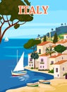 Italy Travel Poster, mediterranean romantic landscape, mountains, seaside town, sailboat, sea. Retro poster Royalty Free Stock Photo