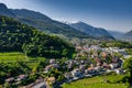 Italy, Trento, 01 May 2019: Panorama of the city at sunset, facade of buildings, Picturesque view of mountains through evening