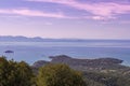 Italy Tuscany, Punta Ala, Rio Palma Path, Mountain Bike MTB E-MTB, Panoramic view of the port of Punta Ala, the castle, rocks of