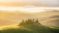 ITALY, TUSCANY, SAN QUIRICO D'ORCIA - Podere Belvedere farmhouse at sunrise with view of Val d'Orcia hills. Royalty Free Stock Photo