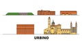 Italy, Urbino flat landmarks vector illustration. Italy, Urbino line city with famous travel sights, skyline, design.