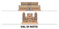 Italy, Val Di Noto flat landmarks vector illustration. Italy, Val Di Noto line city with famous travel sights, skyline