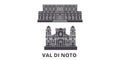 Italy, Val Di Noto flat travel skyline set. Italy, Val Di Noto black city vector illustration, symbol, travel sights