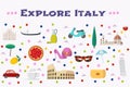 Italy vector illustration with Italian landmarks, food as background Royalty Free Stock Photo