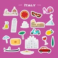 Italy vector illustration with Italian landmarks, food as stickers Royalty Free Stock Photo