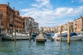 Italy, Venice. Grand canal for gondola in travel europe city. Old italian architecture with landmark bridge, romantic boat. Royalty Free Stock Photo