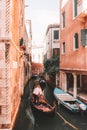 Italy, Venice. Grand canal for gondola in travel europe city. Old italian architecture with landmark bridge, romantic boat. Royalty Free Stock Photo