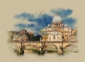 Italy, view of panorama Vatican City from Ponte Umberto I in Rome, watercolor sketch,