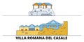 Italy, Villa Romana Del Casale flat landmarks vector illustration. Italy, Villa Romana Del Casale line city with famous