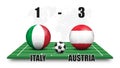 Italy vs Austria . Soccer ball with national flag pattern on perspective football field . Dotted world map background . Football Royalty Free Stock Photo