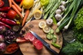 ÃÅ¡itchen knife and sliced vegetables on a cutting board Royalty Free Stock Photo