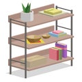 Vector illustration of a three-tiered storage shelf containing books of various sizes, plant pots and cardboard