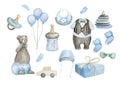 Items for babies. Watercolor blank for creating metrics, posters, etc. The birth of a boy. Isolated objects on a white background