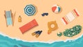 Items On A Beach Top View. Sun Umbrella, Beach Towel, Inflatable Ring and Mattress, Daybed, Flippers and Beach Ball