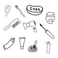 Items for beauty and health in Doodle style.Black and white image.Hair dryer, soap, toothbrush, mirror, comb, mascara, washcloth, Royalty Free Stock Photo