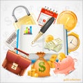 Items of business, money, gold coins