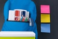 Items for creativity and a backpack on the background of a school board and stickers for your records