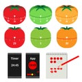 Items for describing the Pomodoro Technique for Time Managment. Tomato mecanical timers. Time Intervals of Work and Rest Royalty Free Stock Photo