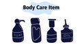 Items and elements for body care. Bathroom items, cosmetics, liquid soap, shampoo, oil. In a solid style. Vector