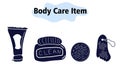 Items and elements for body care. Bathroom items, cream and toothpaste, face sponge and pumice stone for feet. In a Royalty Free Stock Photo