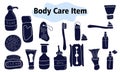 Items and elements for body care. Bathroom supplies, cosmetics, razor, toothpaste, toothbrush. In a solid style. Vector Royalty Free Stock Photo