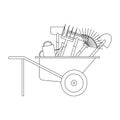 Set of various gardening tools in a wheelbarrow. Items for gardening and farming. Set of farm tools. Garden instruments collection Royalty Free Stock Photo