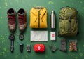 Items include a compass, GPS watch, map, headlamp, multitool, Royalty Free Stock Photo