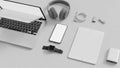 Items include an open laptop wireless headphones a smartphone Royalty Free Stock Photo