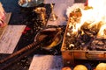 Items for the Indian Yajna ritual. Indian Vedic fire ceremony called Pooja. A ritual rite, for many religious and Royalty Free Stock Photo