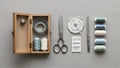 The items are organized in parallel lines showcasing sewing essentials Royalty Free Stock Photo