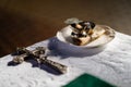 Items for sacrament of wedding on table in Church