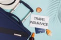 Items for summer vacationl flat lay. Travel insurrance. Royalty Free Stock Photo